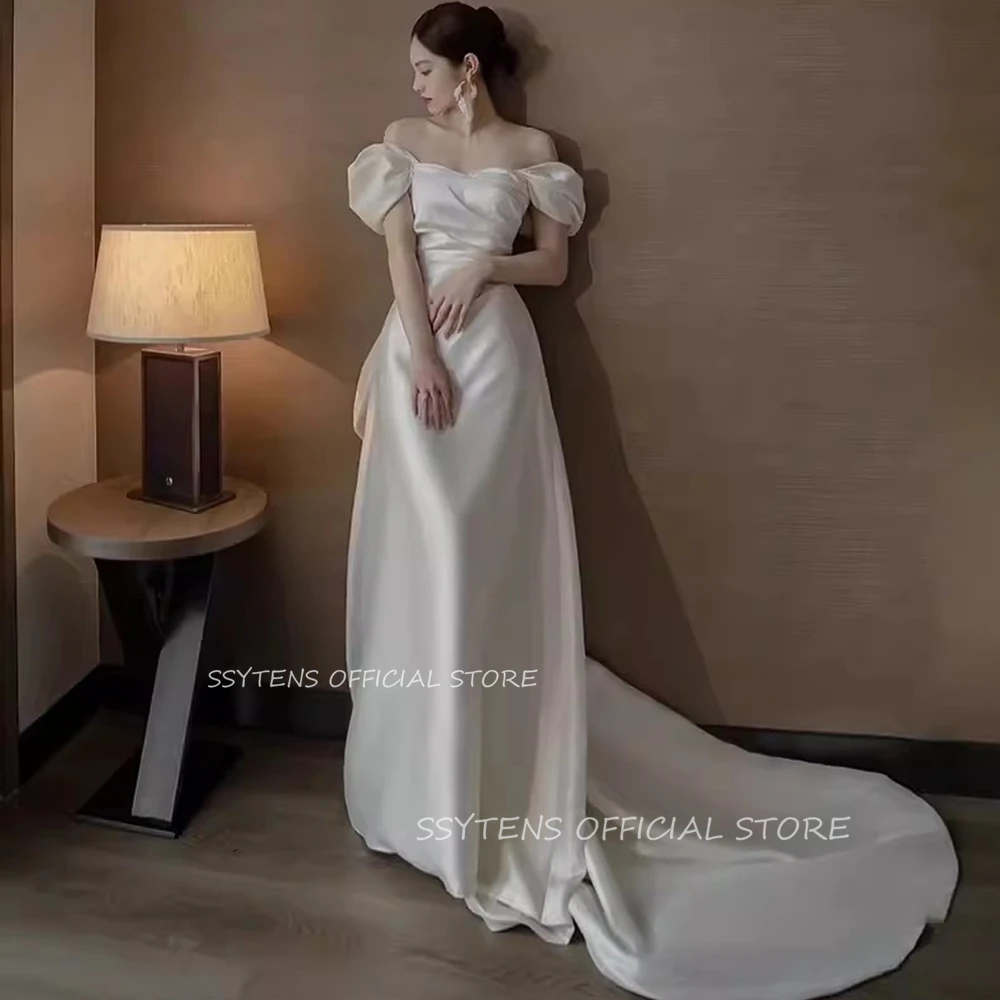 

Sexy Off Shoulder Korea Wedding Dresses Mermaid Ivory Satin Bridal Gown Photos Shoot Sweep Train Bride Dress vestido de novia