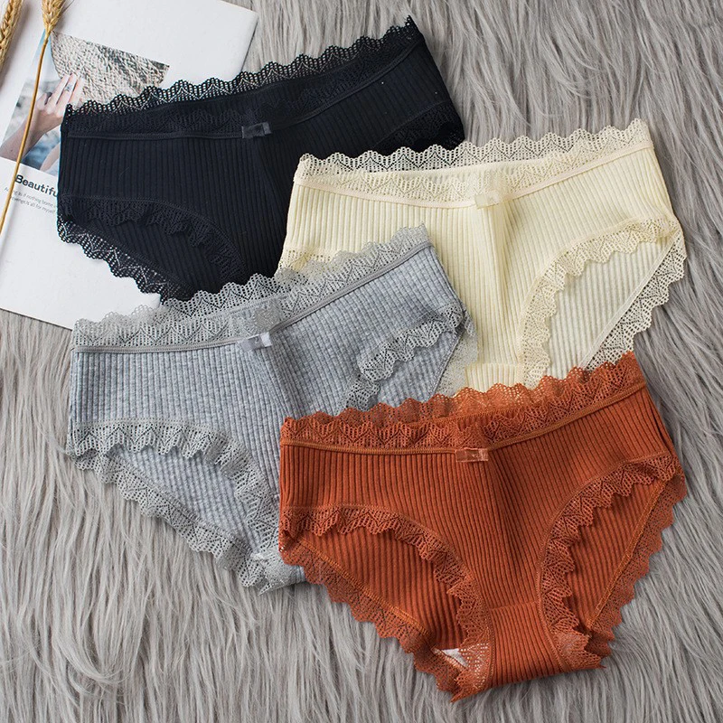 

2024 Casual Fashion Women Mid-waist Threaded Brief Solid Color Skin-Friendly