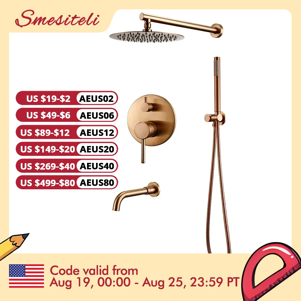 Shower Set Bathroom Shower Faucet Brushed Rose Gold Smesiteli Brass 3 Way Diverter Valve Kit Hot & Cold Mixer Tap Tub Spout Hand Spray