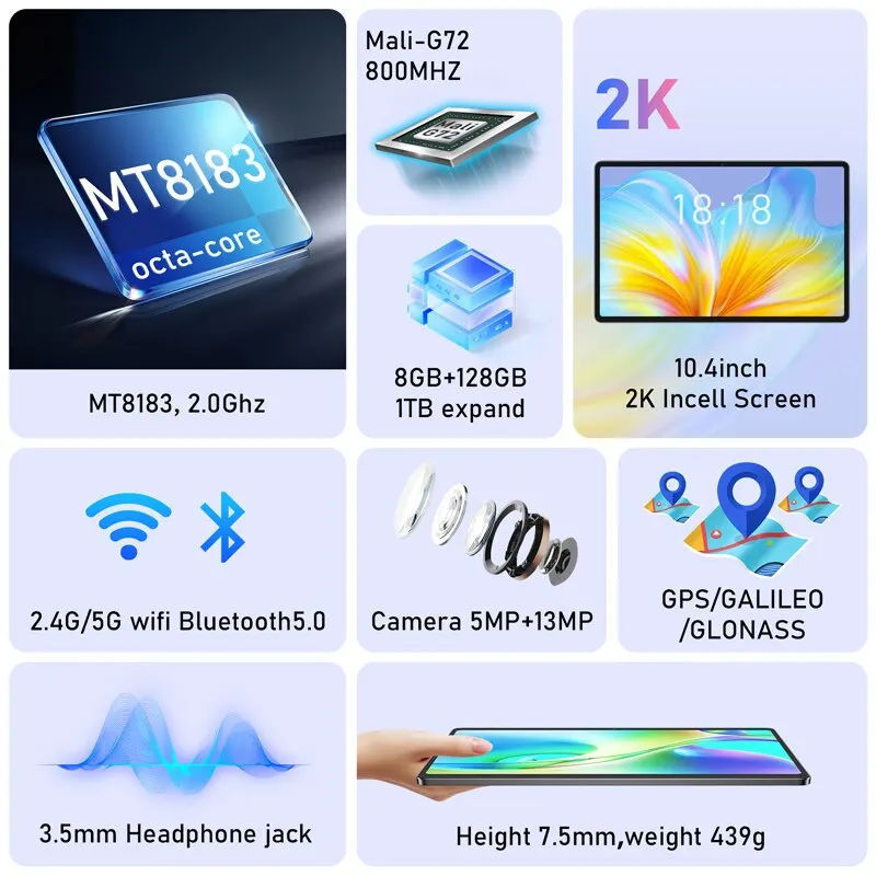 N-ONE NPad Plus 태블릿 PC, 10.36 인치, 2000x1200 FHD MT8183, 8 코어, 안드로이드 12, 16 GB RAM, 128GB ROM, 6600mAh, 듀얼 와이파이, BT5.