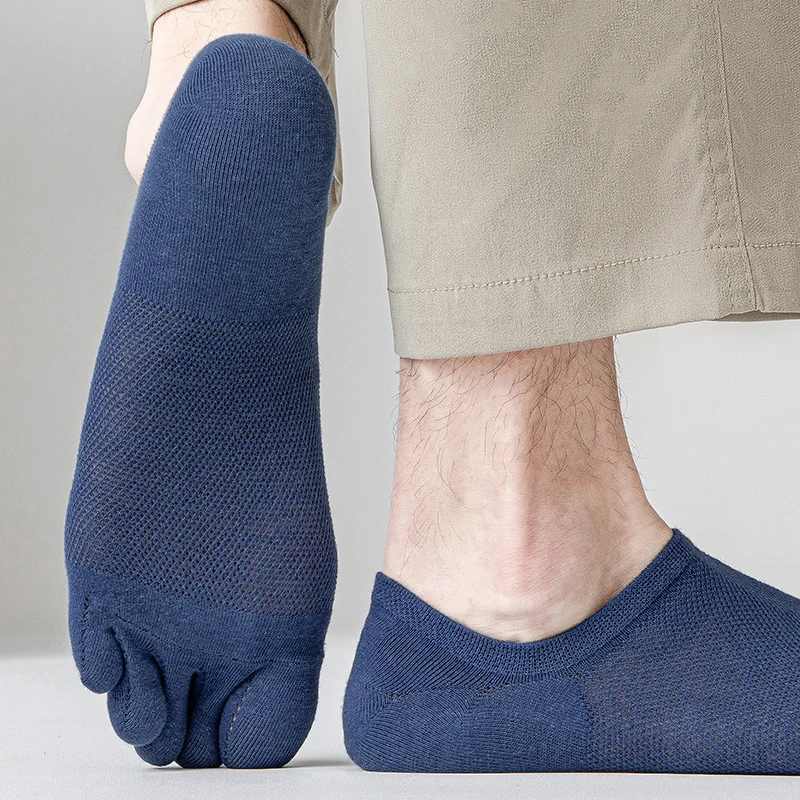 Men Socks 3Pairs Running Open Toe Elastic Short Solid Cotton Sweat-absorbing Five Finger Invisible Low Cut Boat Ankle