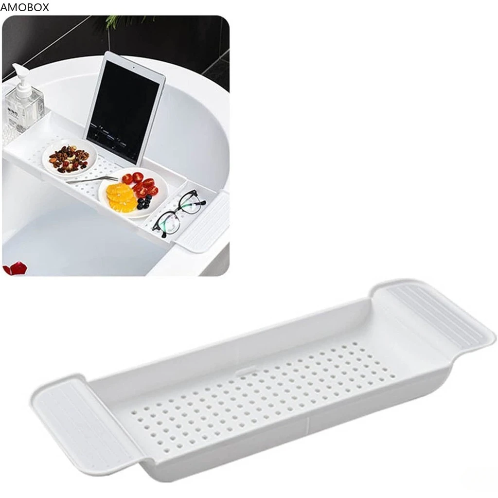 AMOBOX Expandable Drain Bath Shelf Caddy Tray, Multifunctional Plastic Bathroom Organizer Simple Stylish Bathtub Storage Rack