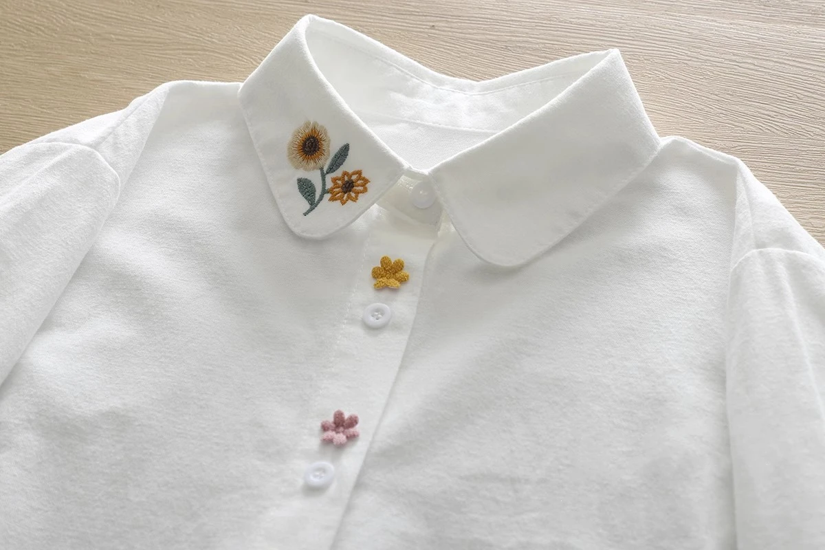 Pure Cotton Long-Sleeve Shirt for Women, New Spring and Autumn Style, Versatile, Artistic Sunflower Embroidery, 3D Cute Rabbit Shirt, Student Casual Layered Top 6