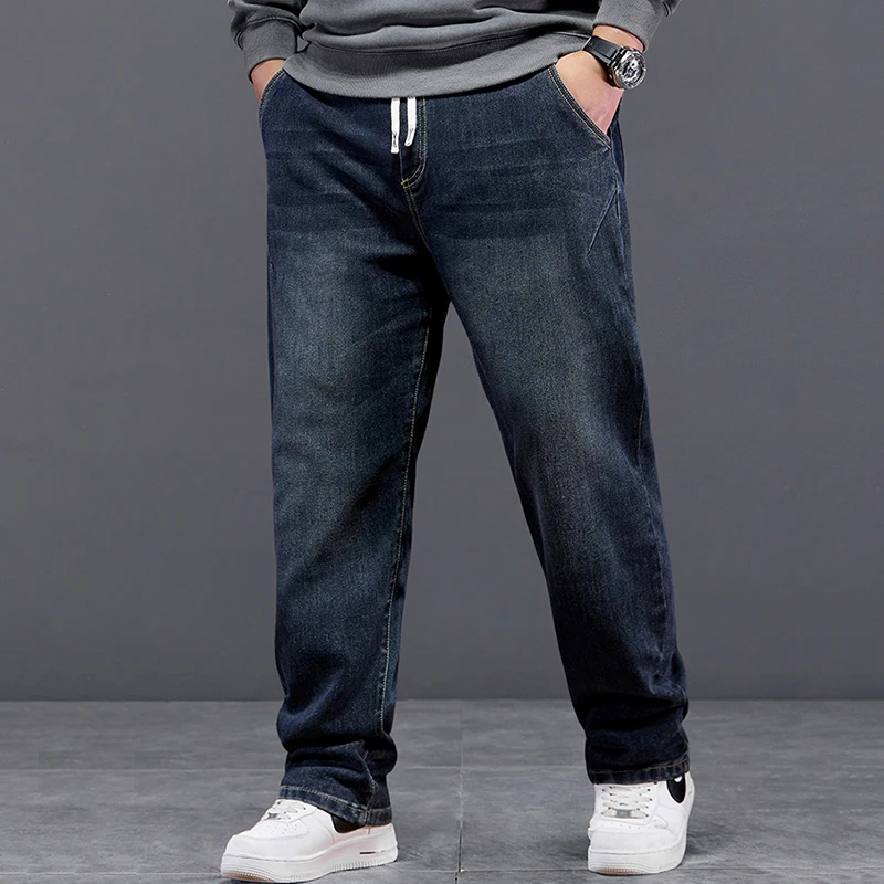 Elastic Waist Denim Jeans Men Tie Rope Harlan Oversized Men Loose High Quality Classic Daily Big Man Denim Trousers 3