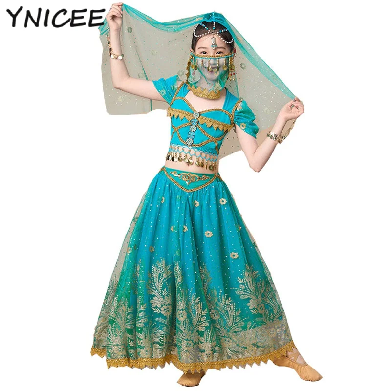 

Kids Princess Festival Cosplay Belly Dance Top Dress Set Indian Arabic Sari Girls Jasmine Costume Bollywood Child Rave Outfit