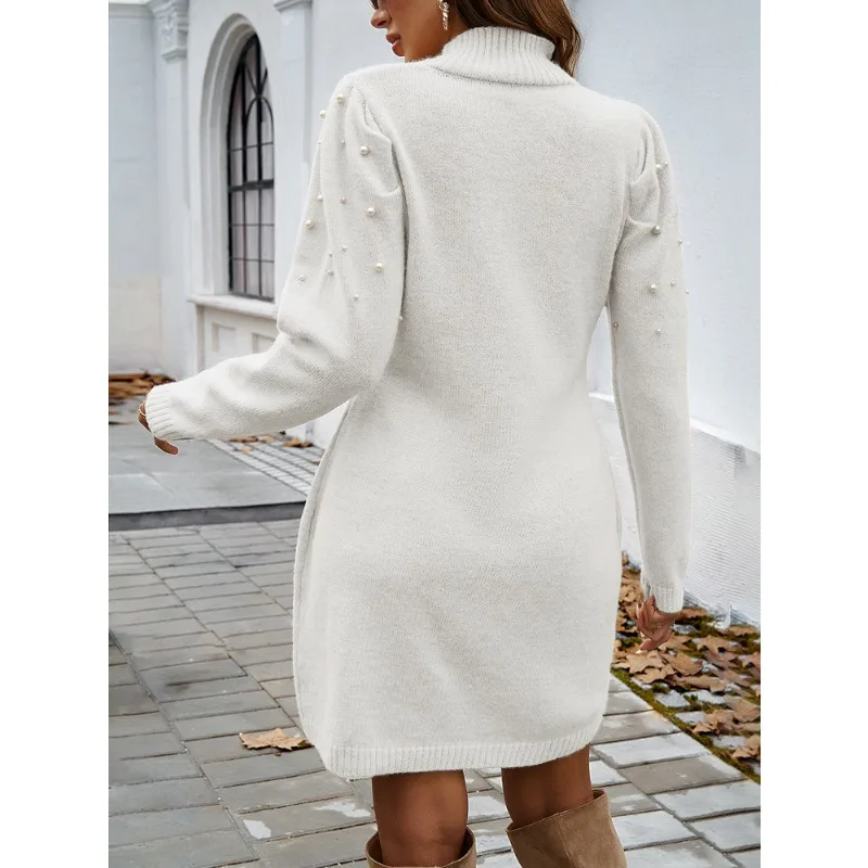 2025 Autumn Women Sweater Dresses Pearls Round Neck Long Sleeve Hip Wrap Dress Winter Elegant Ladies Casual Solid Slim Fit Dress 6