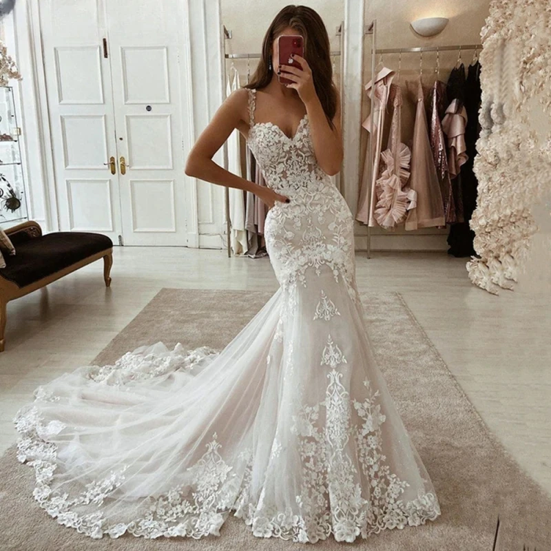 

Свадебное платье в стиле бохо Lorencia, кружевное свадебное платье-Русалка на тонких бретельках, винтажное свадебное платье для милой невесты YMW155