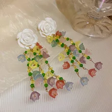  Exquisite Multiple Rainbow Crystal Flower Earring Trendy Blue Gradient Color Floral Long Dangle Earrings for Women Gifts 