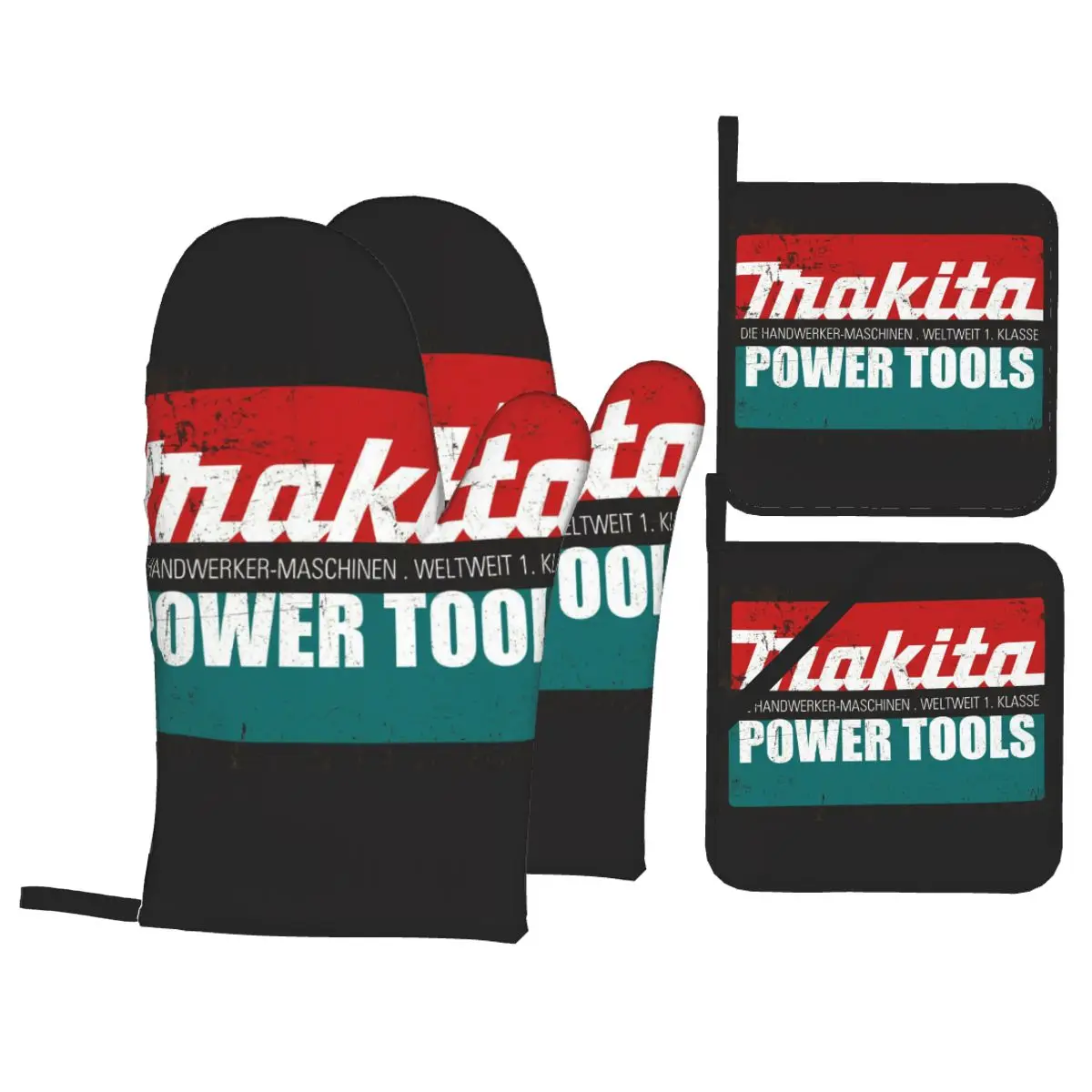 Vintage Makitas Power Tools Oven Mitts and Pot Holders for Kitchen Sets of 4 Heat Resistant Cooking Baking BBQ Gloves