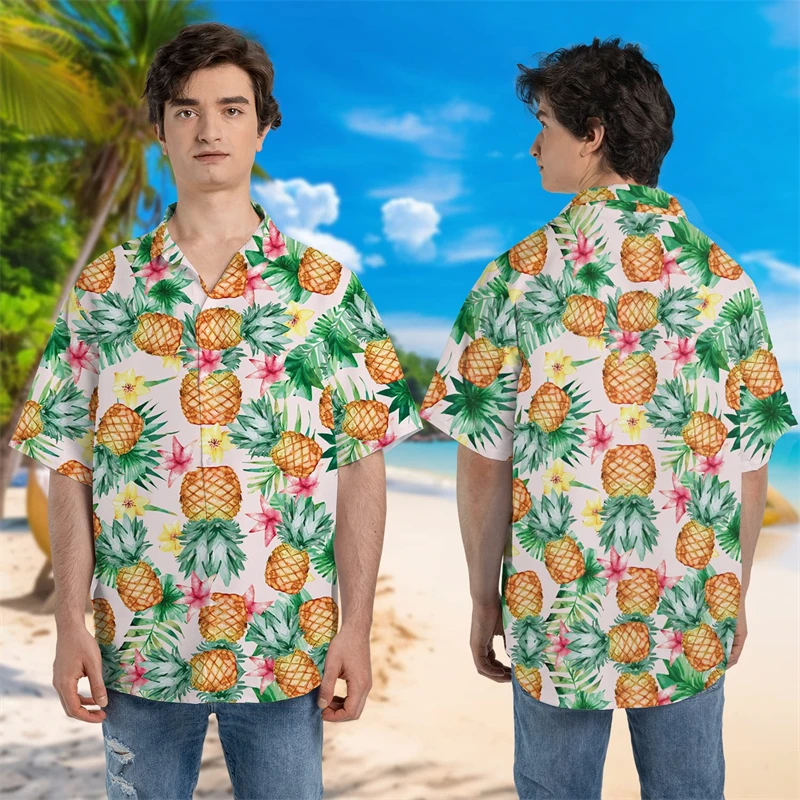 

Пляжная рубашка для влюбленных с фруктами, Забавные Рубашки с графическим рисунком клубники, ананаса, Мужская одежда, гавайская блузка с коротким рукавом для мальчиков