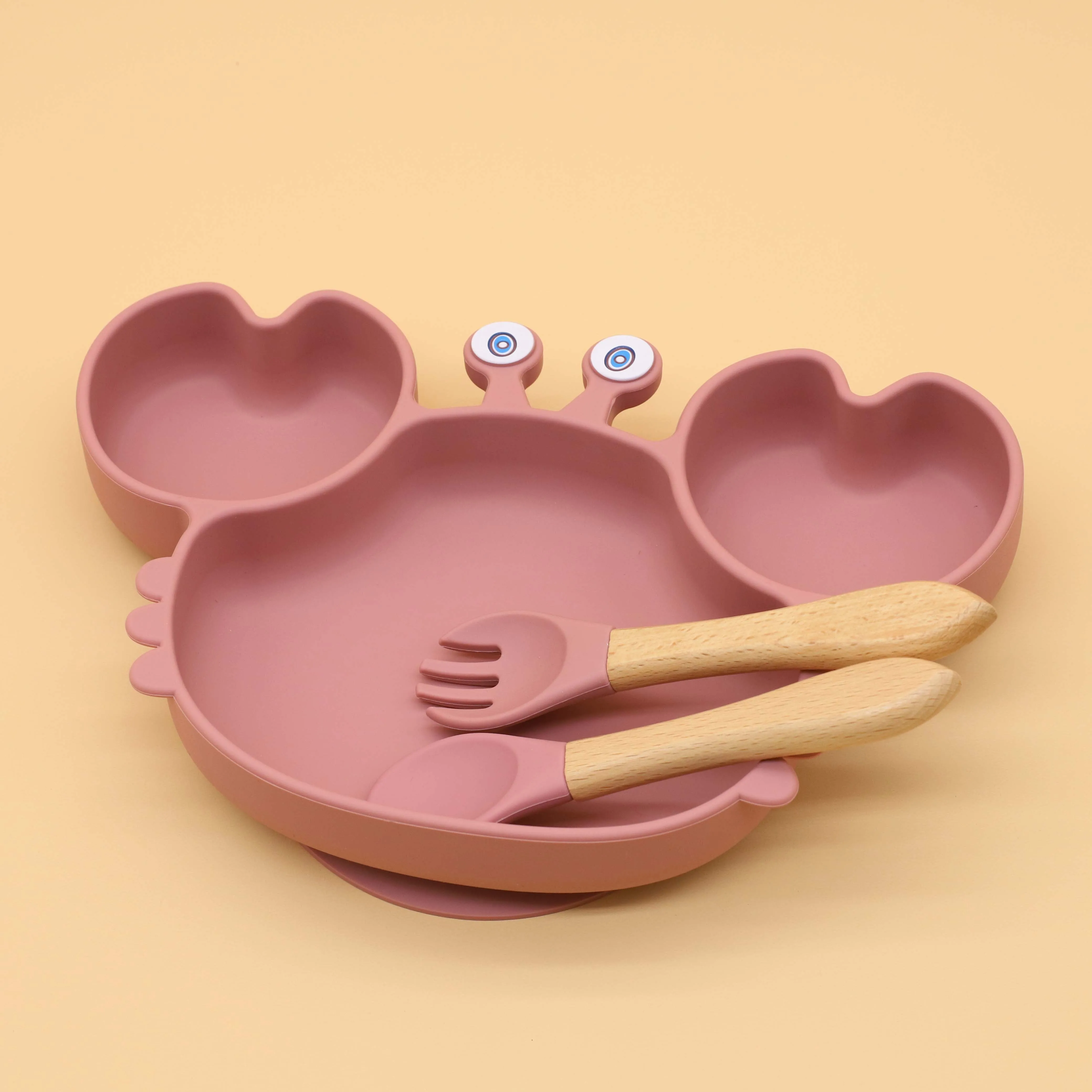 Silicone Dining Plate Baby Tableware Set Divided Dinner Plate Cartoon Crab with Strong Suction Power