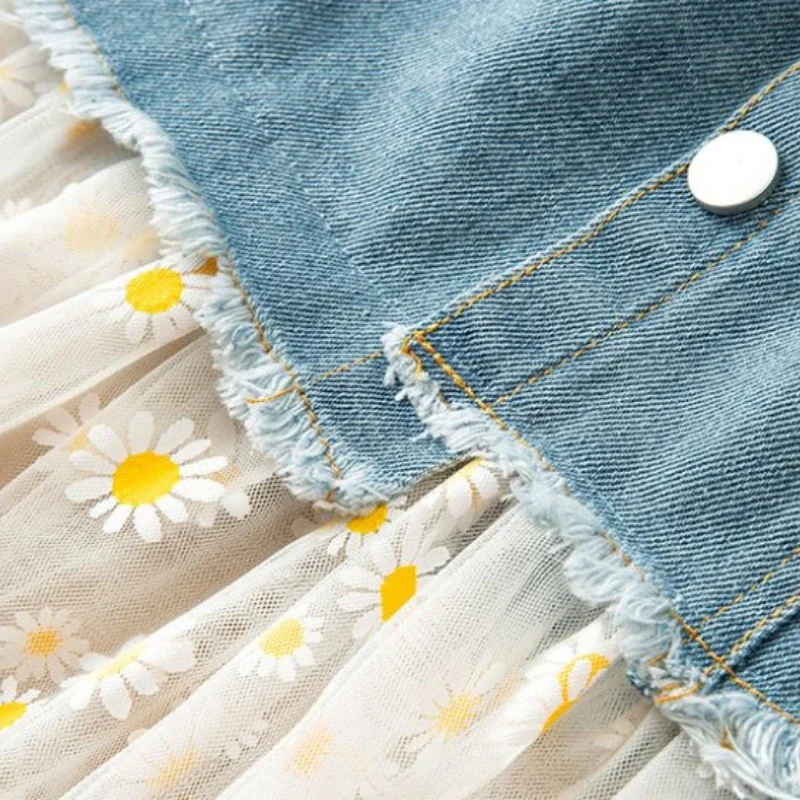 Kids Girls Daisy Printed Skirts Cute Lace Stitching Denim Skirts Children Casual Jean Summer Clothing