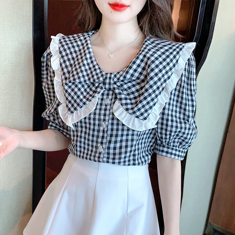 

Korean Cute Ruffled Doll Collar Woman Shirts Summer Fashion Puff Short Sleeve Plaid Blouse Womens Vintage Casual Tops