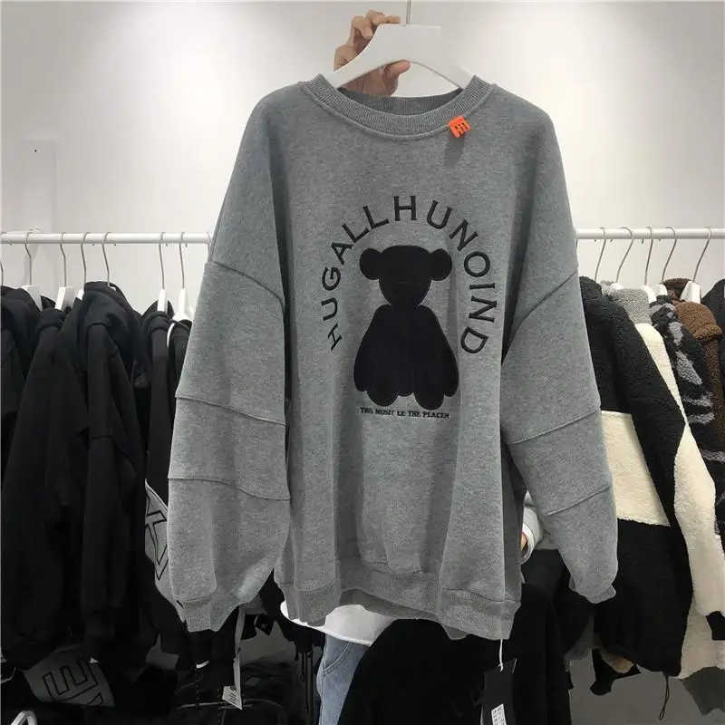 Hoodie Women Autumn Bear Printed Patchwork Designer Clothes Fleece Lined Loose Oversize Clothes Women Crewneck Top Pullover