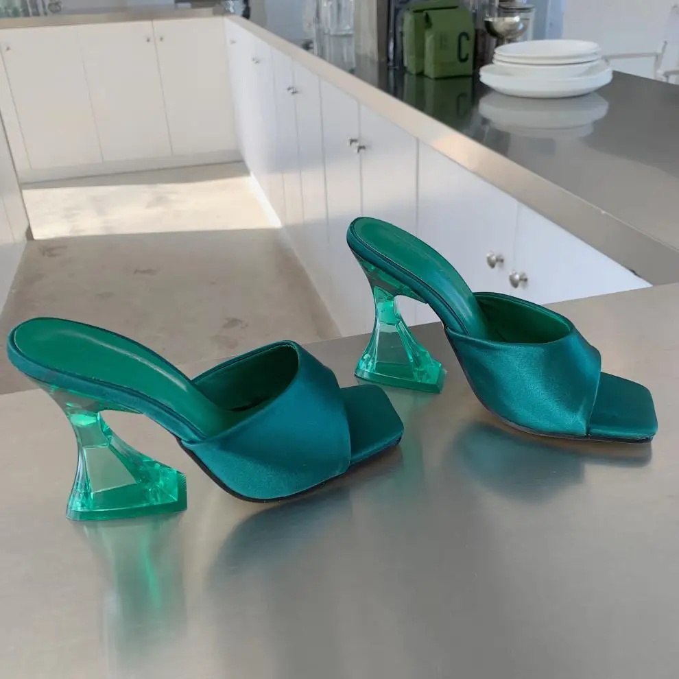 2022 Summer Luxury Women PVC Transparent Heels Slippers 8cm Crystal High Heels Slides Green Orange Peep Toe Slip on Slides Shoes