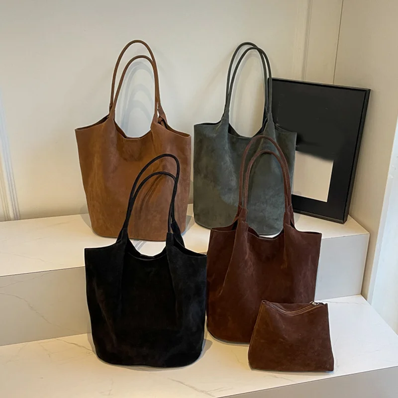 Retro Suede Tote Bag For Women Textured Solid Casual Commuting Shoulder Bags Autumn Winter Large Capacity Shopping Handbags