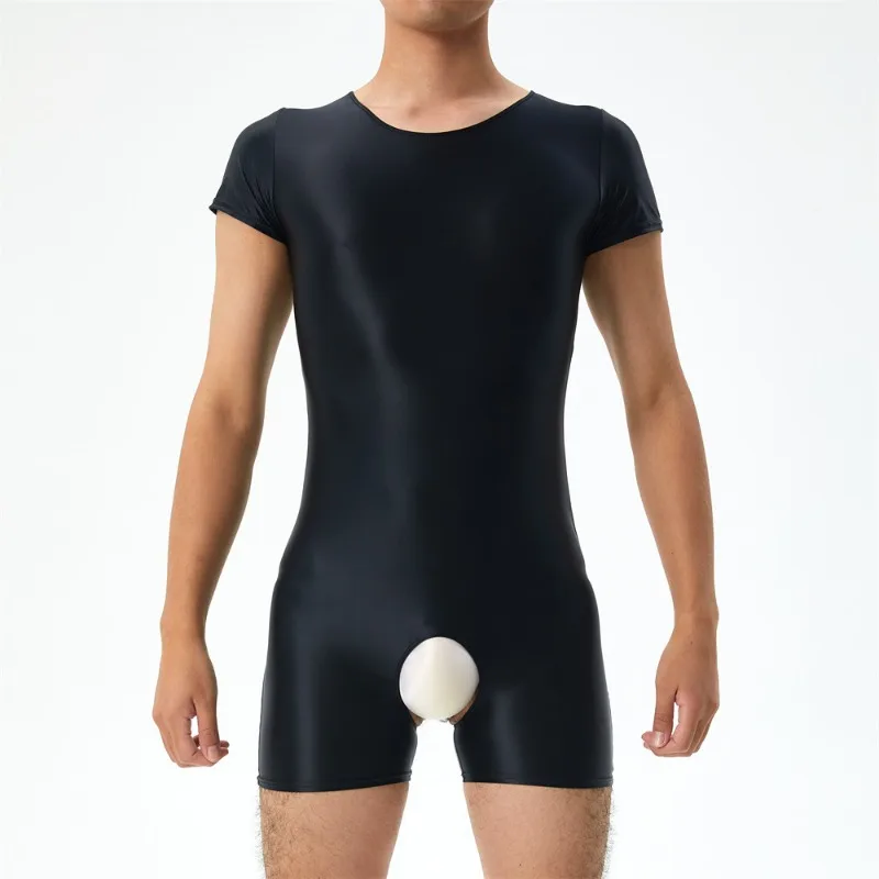 Onesie Glossy Satin Playsuit Romper Men Pajama Open Crotch Slim Fit See Through Short Sleeve Men's Jumpsuit Sexy Sheer Sleepwear