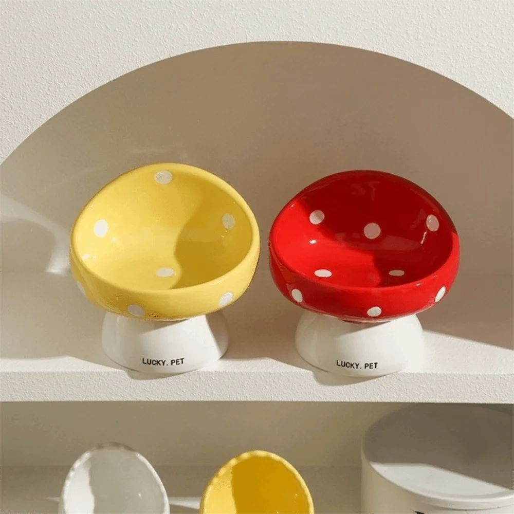 Cute Mushroom Cat Bowl Ceramic Slanted Mouth Dog Food Feeding Basin Large Capacity Multi-use Pet Drinking Feeder Pet Supplies