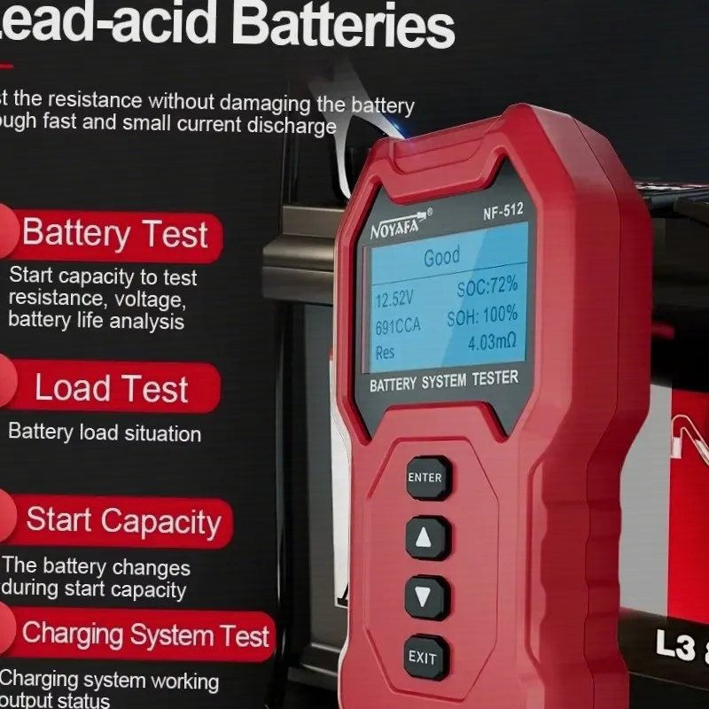 Scanner diagnostico per batterie auto 12V 24V con schermo LCD chiaro, funzione di test del carica e della carica di avviamento per tutte le batterie al litio dei veicoli NF-512 - immagine 2