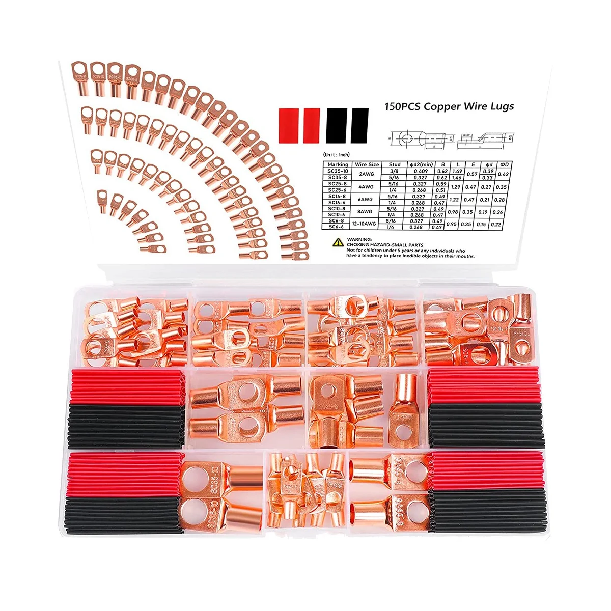 

150Pcs Terminal Connectors,Copper Wire Lugs,Used on AWG12-10 8 6 4 2 Cable,64Pcs Battery Lugs Ends ,86Pcs Shrink Tubing