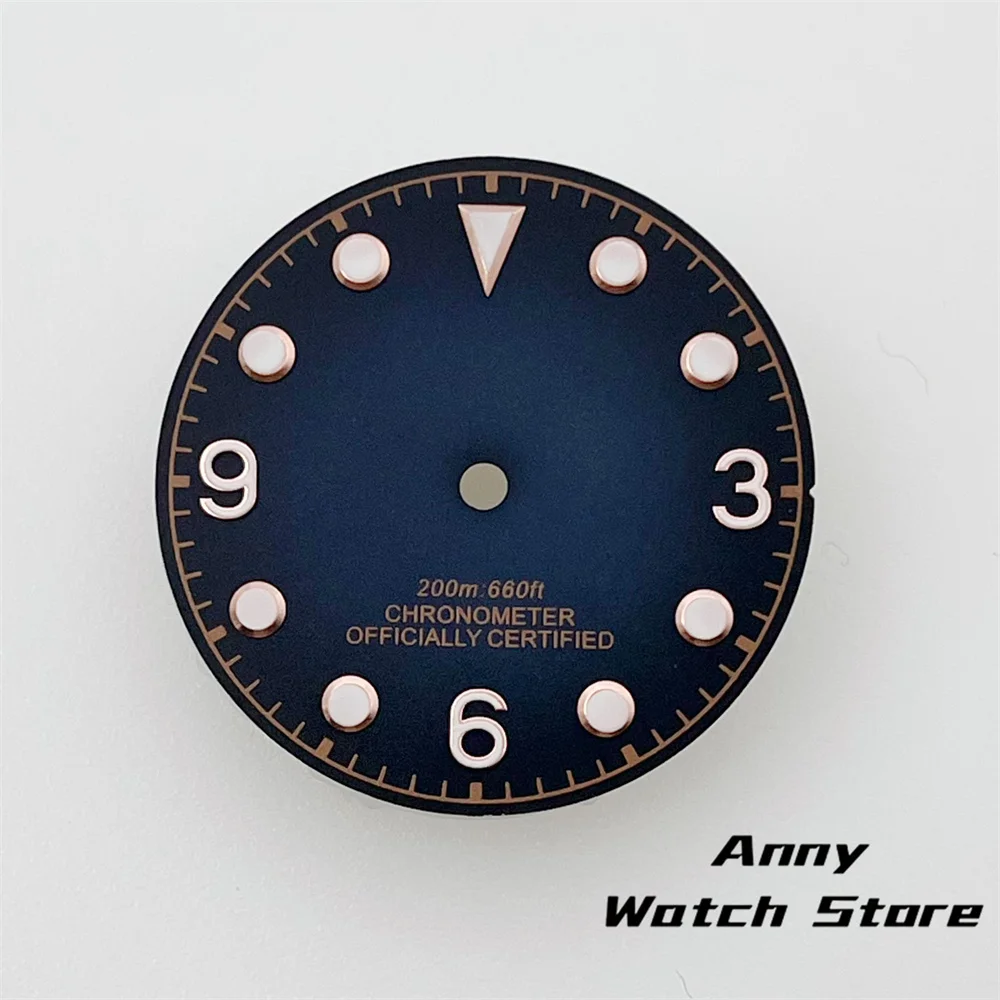 Vintage 29mm Watch Dial with Black, Brown, and Dark Blue Design Featuring Rose Gold Edging and Green Luminous Markers