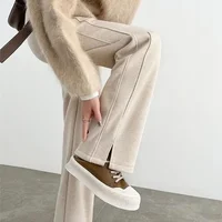 Casual Thickened Woolen Pants for Women with Slits Banana Tube Autumn Winter New Style Checkered Pattern Straight Leg Trousers