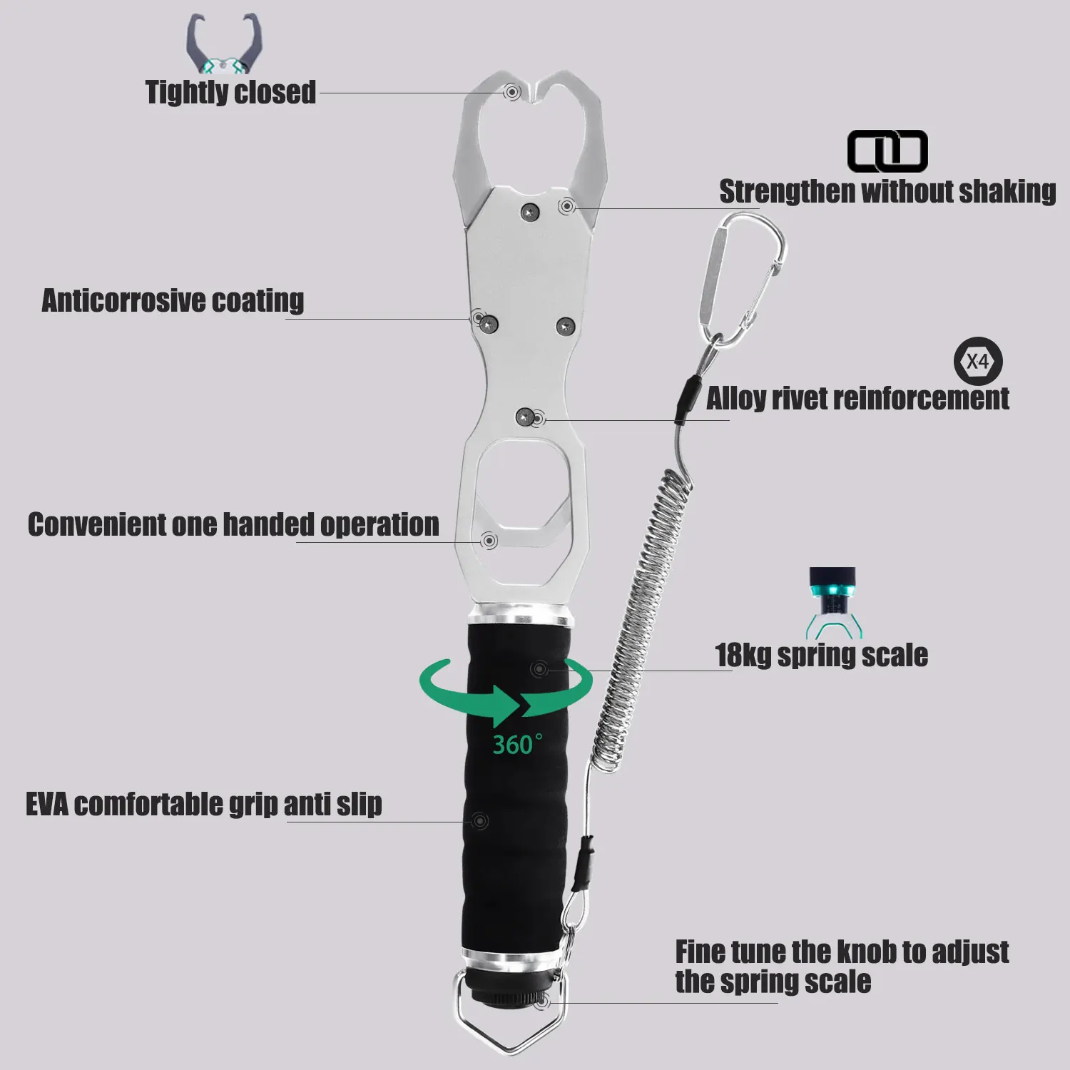 SAMOLLA Aluminum Alloy Fishing Grip Pliers Accessories 18kg Spring scale 360 &deg; rotation Adjustable Grabber Tool Seawater 1pc