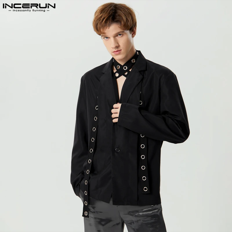 

2023 Men Blazer Solid Color Lapel Long Sleeve Button Casual Suits With Belt Pleated Streetwear Fashion Male Coats S-5XL INCERUN