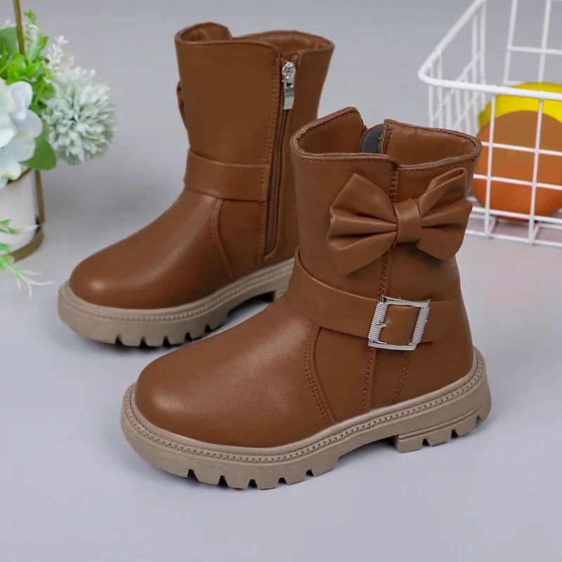 Children Girls Short Boots Solid Color Bow Buckle 2025 New Simple Non-slip Round-toe Kids Versatile Soft Princess Shoes Fashion