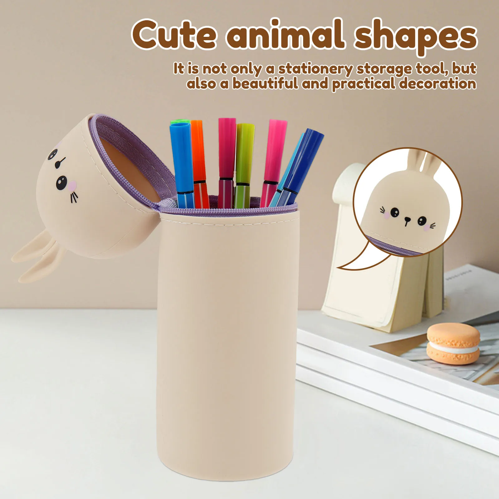 Estuche Escolar Kawaii De Silicona + 8 Bolígrafos Borrables – Diseño De Tigre, Tinta Multicolor, Punta Fina 0.7 Mm