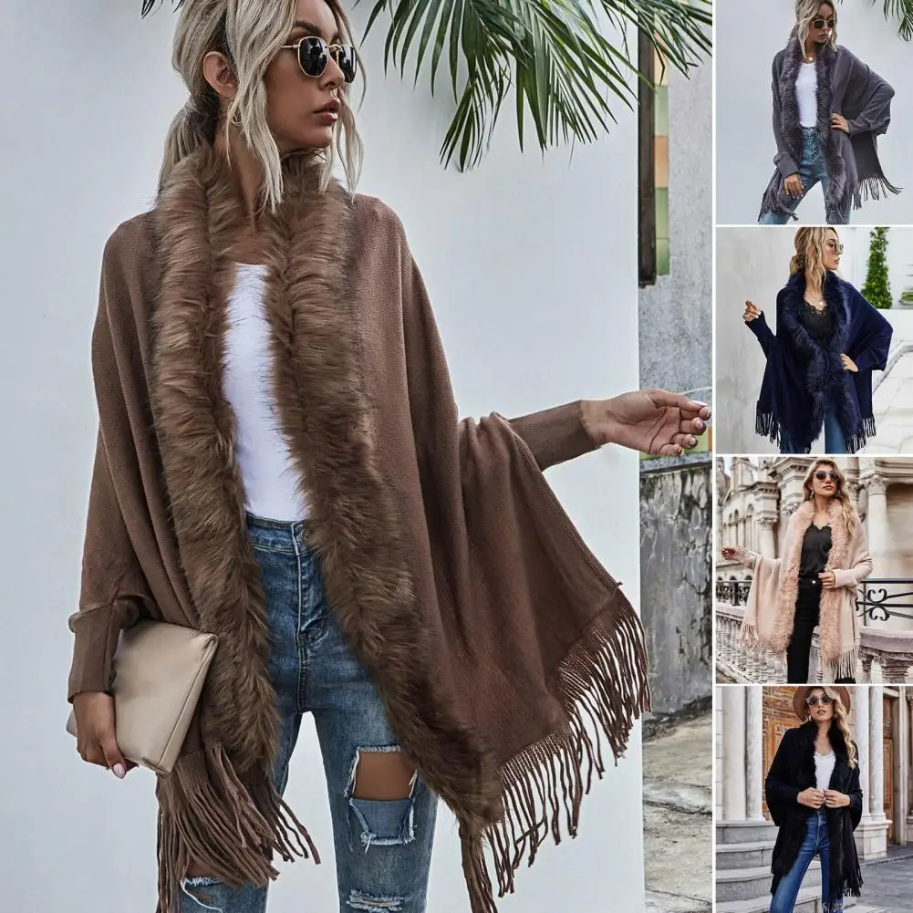 

Batwing Long Sleeve Open Stitch Loose Fit Shawl Cardigan Fall Winter Artificial Fur Collar Tassel Hem Women Knitting Poncho