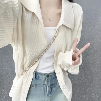 Cotton Linen Sun-Proof Shirt Women Korean Summer Chic Thin Loose Blousers Fashion Casual Solid Texturals Cardigan Basic Tops 1