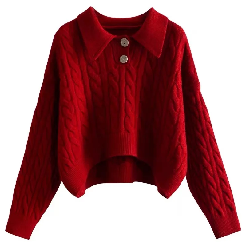 Autumn Elegant Casual Knitwear Winter New Women's Long Sleeve Short Sweater Fashion Polo Collar Button Pullover Knitted Top