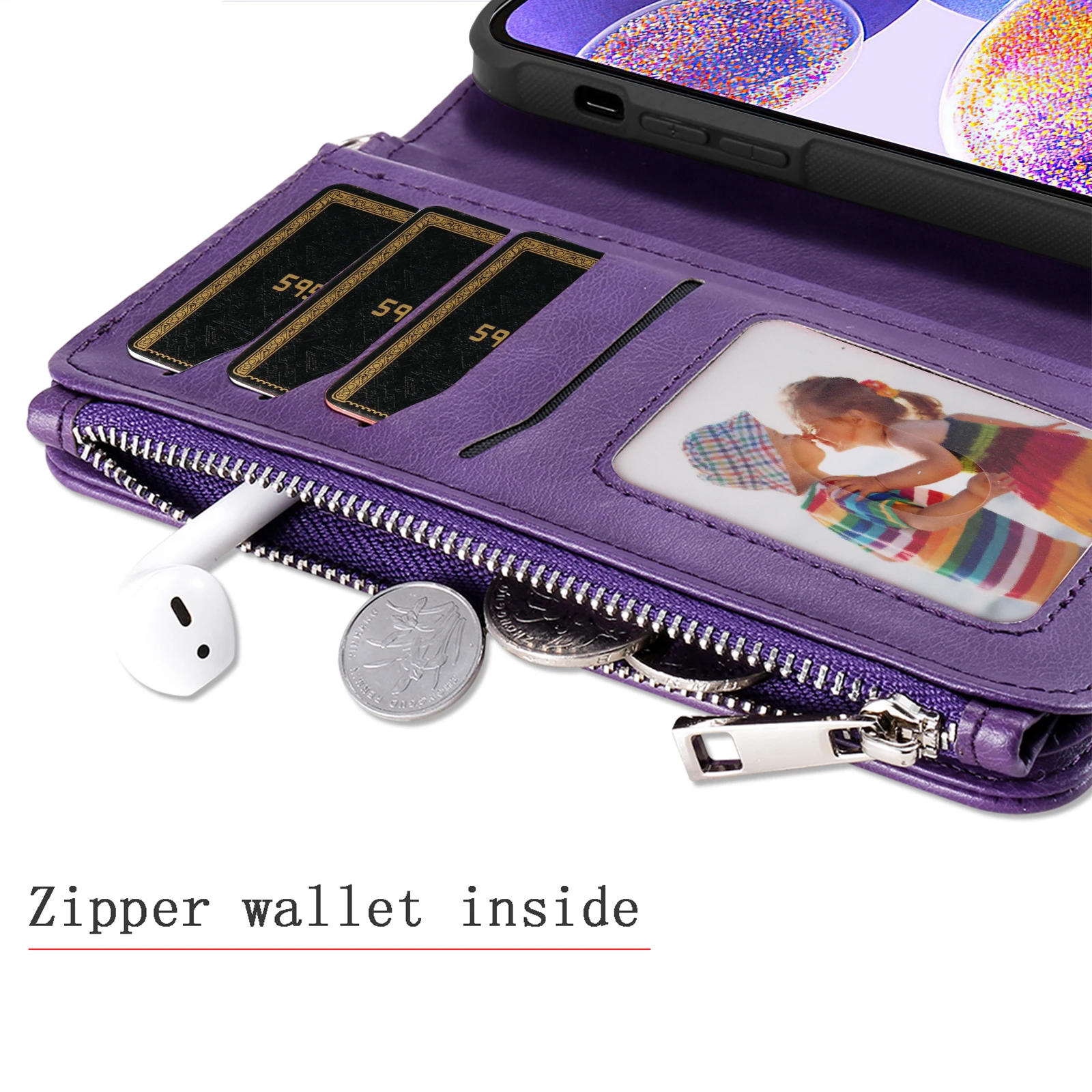 Zipper Leather Wallet with Magnetic Detachable Case and Card Slot Cover