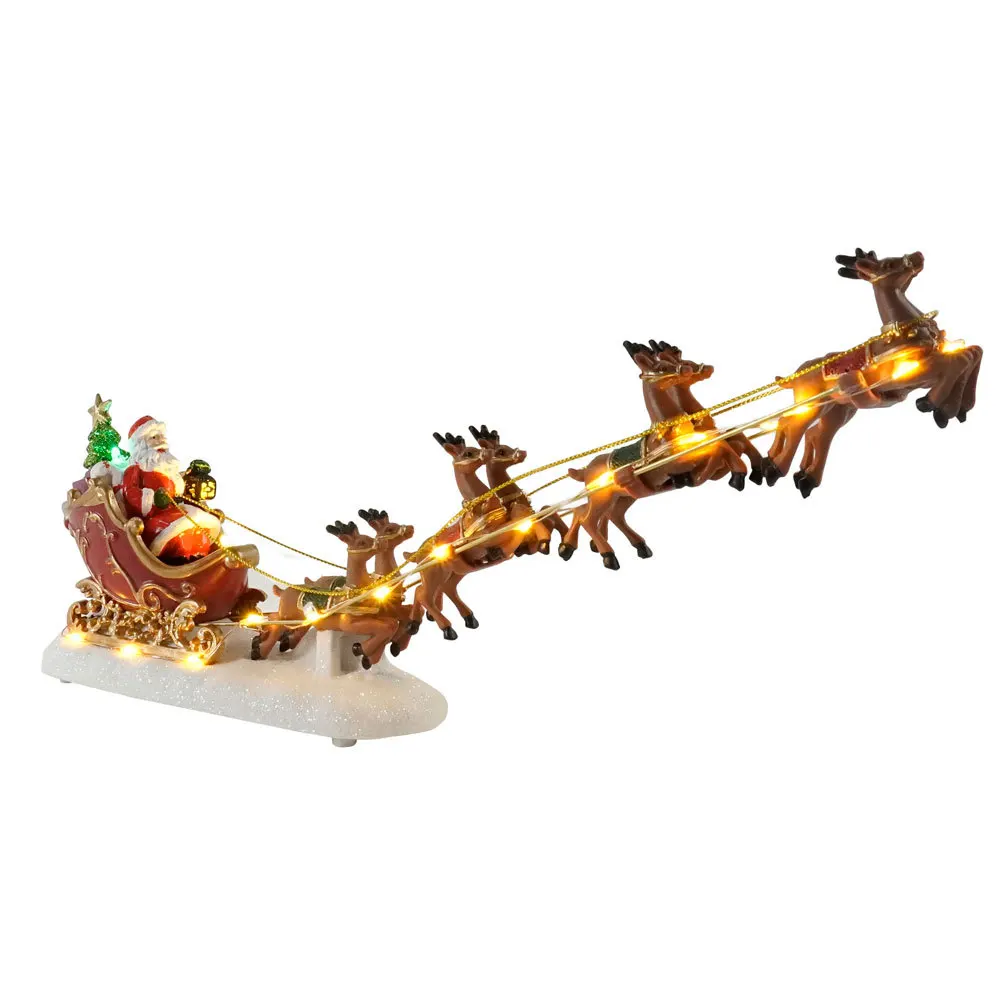 Christmas Santa Claus Sleigh and Reindeer Figurine with LED Lights Holiday Ornament Xmas Home Tabletop Decoration Gift