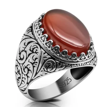 Wholesales Original 925 Sterling Silver Turkish Men Antique Ring Vintage Natural Red Agate Stone Hand Ring