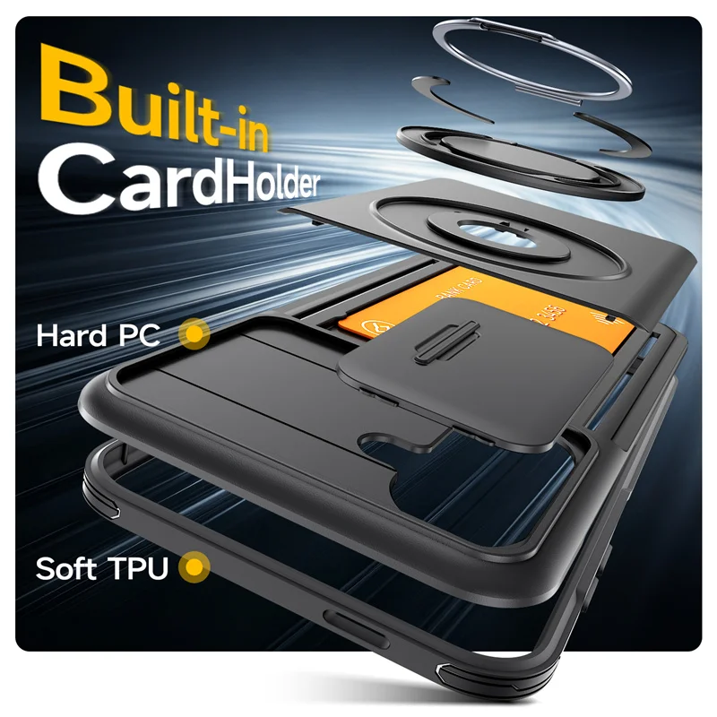 Magnetic Armor Card Wallet Case with Phone Ring Holder Cover