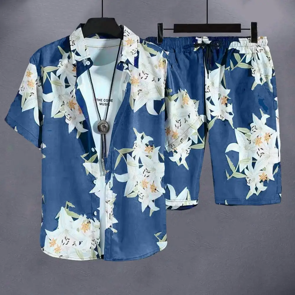 

Свободный крой, костюм в гавайском стиле, рубашка и шорты, однобортная рубашка с лацканами и эластичным шнурком на талии