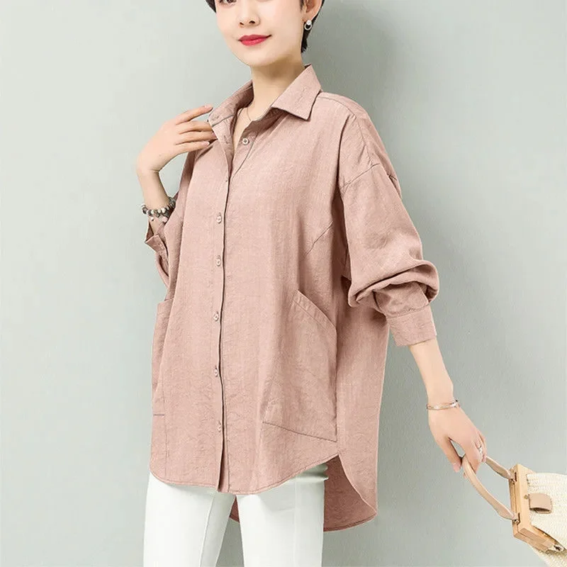 

Female Cotton Long-sleeved Shirt Coat Mid-Length 2023 New Loose Foreign Temperament Mother's Shirt Cardigan Thin Coat Women's W8