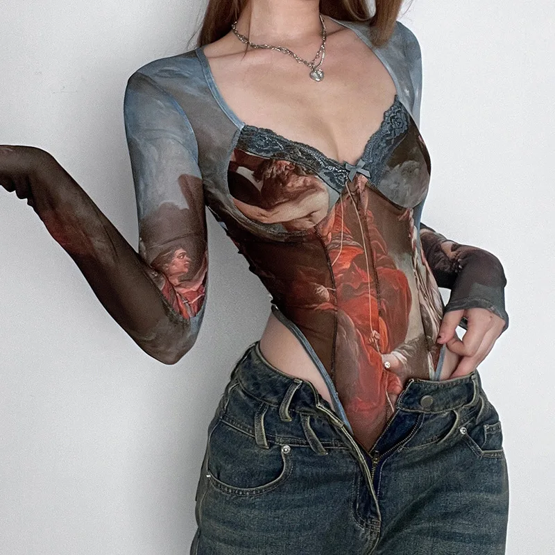 Ancient Greek Bodysuit Women Jumpsuit Summer Print Sheer Onesie Personality Slim Elastic V-neck Long Sleeve Shapewear Bodyshaper