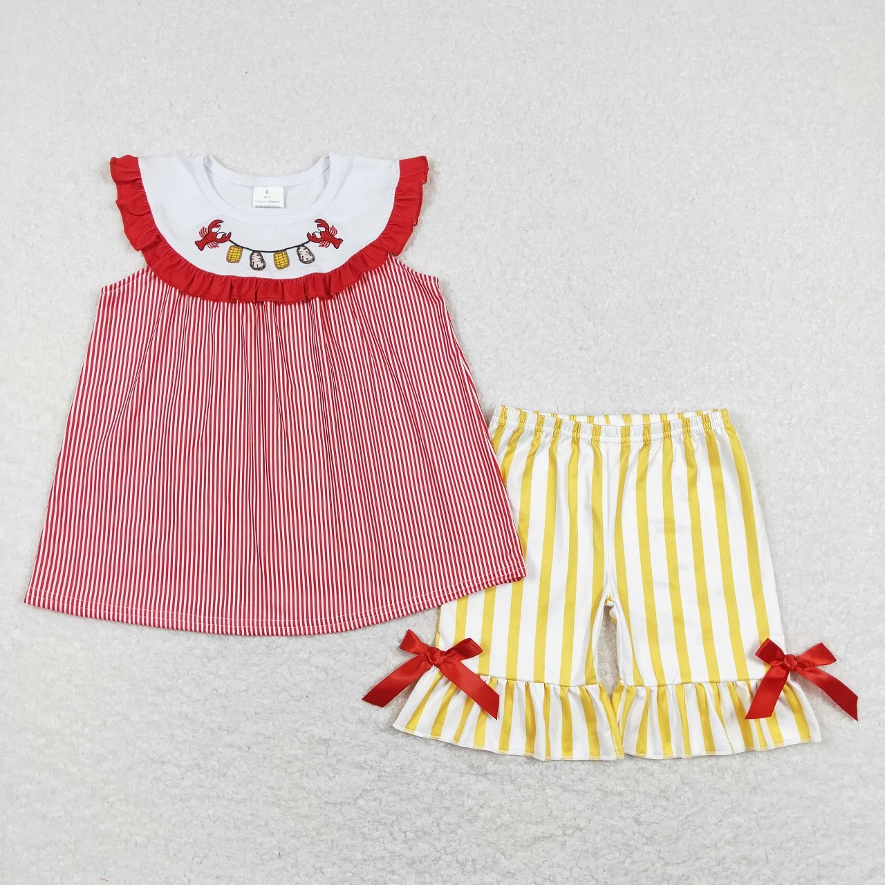 

Wholesale Baby Girl Embroidery Crawfish Set Children Summer Stripes Short Sleeves Tunic Toddler Ruffle Shorts Kid Outfit Clothes