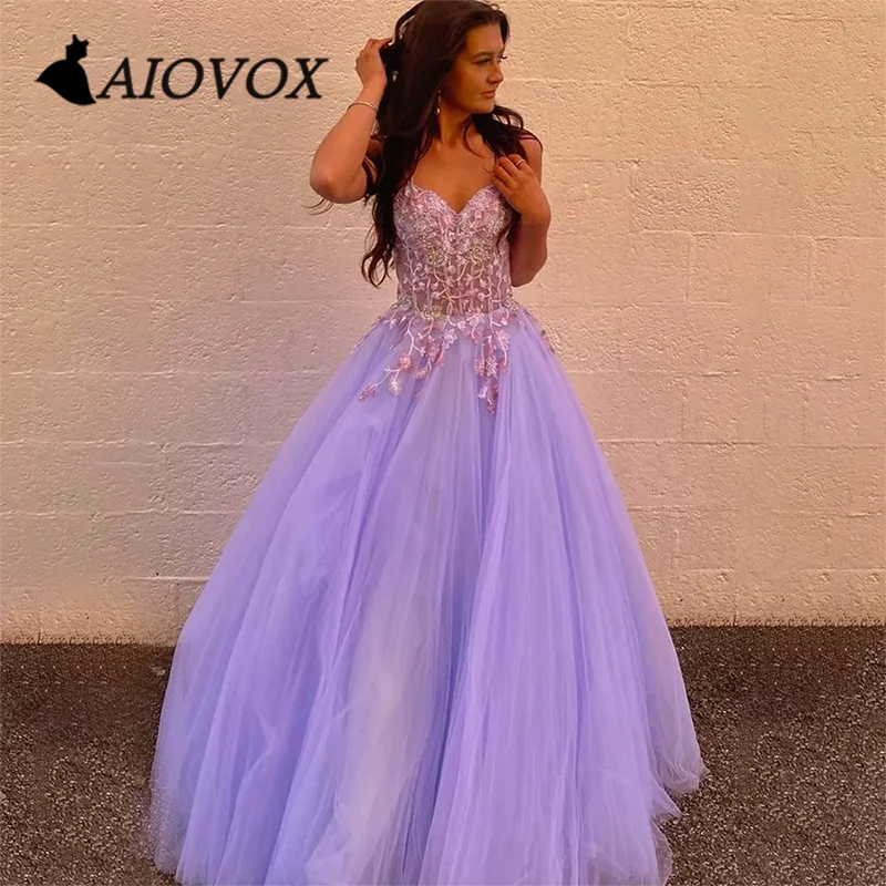 

AIOVOX Prom Dresses Sweetheart Lace Appliques A-line Evening Gown Elegant Lace-up Back Floor-length Vestido De Noche for Women