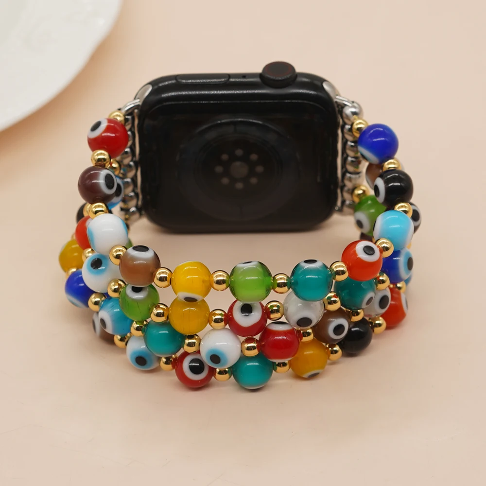 

Gold Plated Beaded Watch Strap Boho Fashion Iwatch Band Series Summer Jewelry Gift for Women Colorful Evil Eye Beaded Watchband