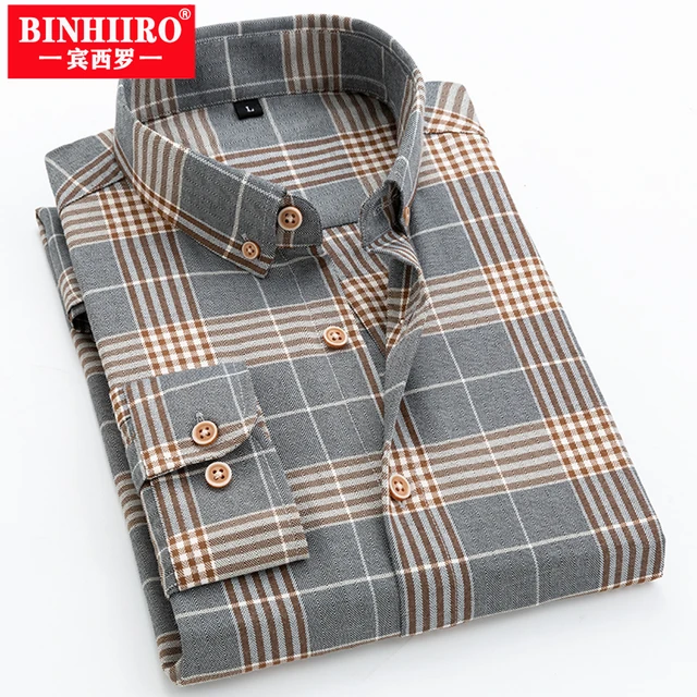 Binhiiro Classic Men's Business Shirt Fashion Slim Plaid Single