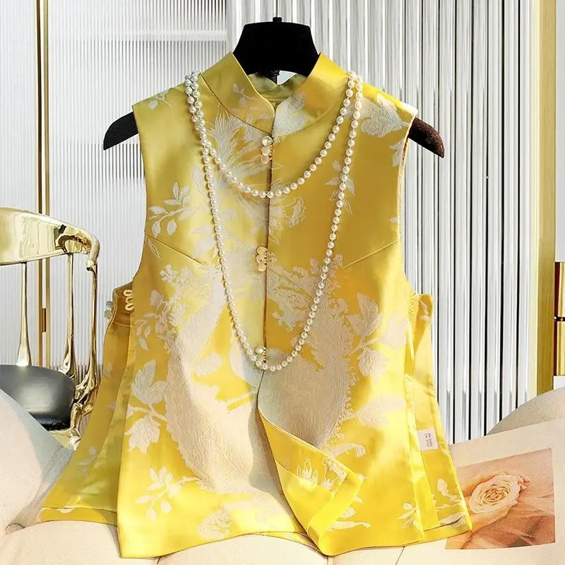 

Женское пальто в китайском стиле Qipao, желтая рубашка, жилет, традиционный Ципао, топ, блузка, винтажный жилет, элегантные ретро куртки Тан