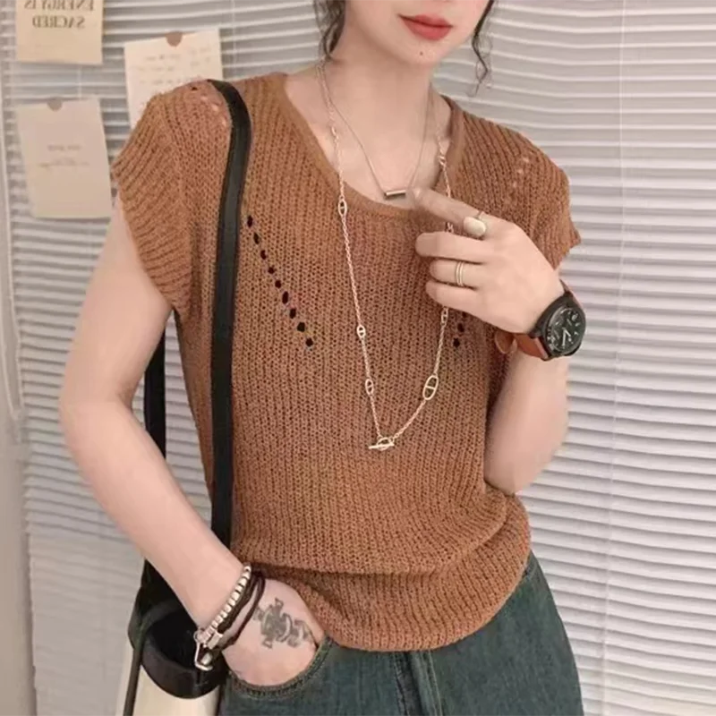 

Sleeveless Lace-up Ice Silk Blouse Women Summer 2023 Fashion Casual Woman Knit Shirts Elegant Solid Hollow Out O Neck Tops 27551