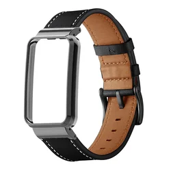 Leather Strap with Metal Cover - Premium Smart Band Accessories Bracelet and Protective Case for Mi Band 7 Pro (Black-black case)
