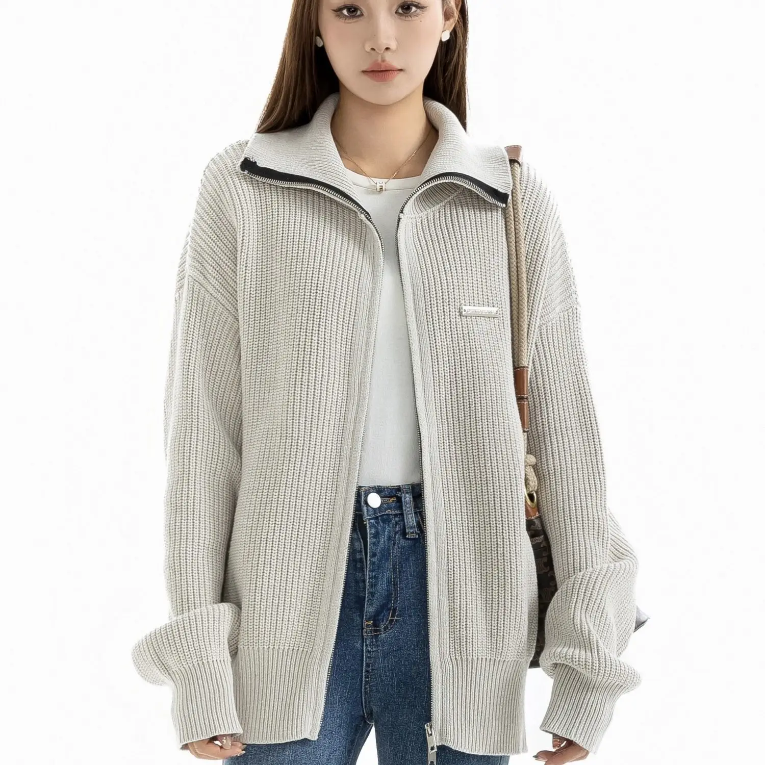

Stand Neck Zipper Loose Lazy Cardigans Sweater Grey Color Full Sleeves Knitted Casual Jumpers Coat Clothes