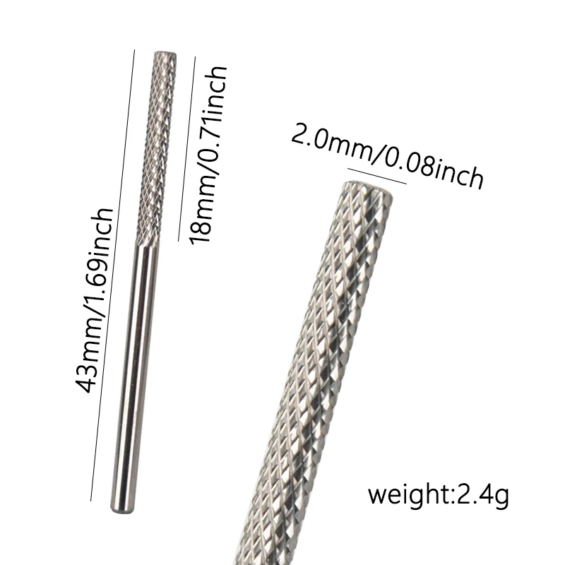 Brocas largas de carburo de tungsteno para uñas, cabezal de molienda giratorio, fresas de manicura, accesorios para uñas, forma cónica, 18mm