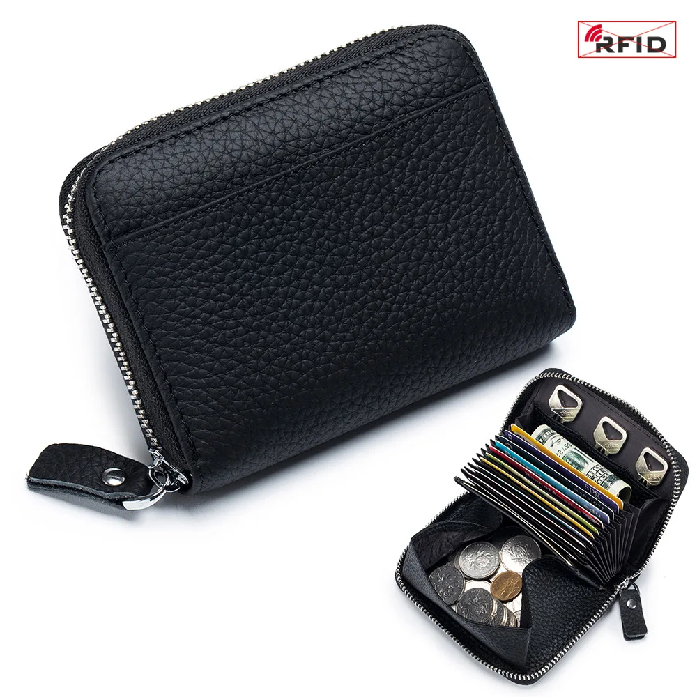 Genuine Leather Wallet RFID Blocking ID Credit Bank Business Card Holder Men Storage Coin Purse Clutch Pocket for Women Female